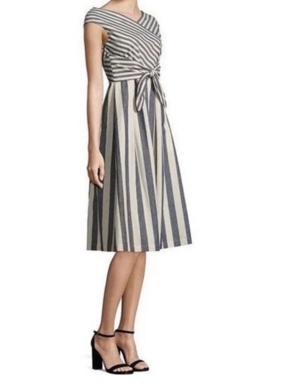 Lafayette 148 New York Navy and White Striped V-Neck Dress Ximena